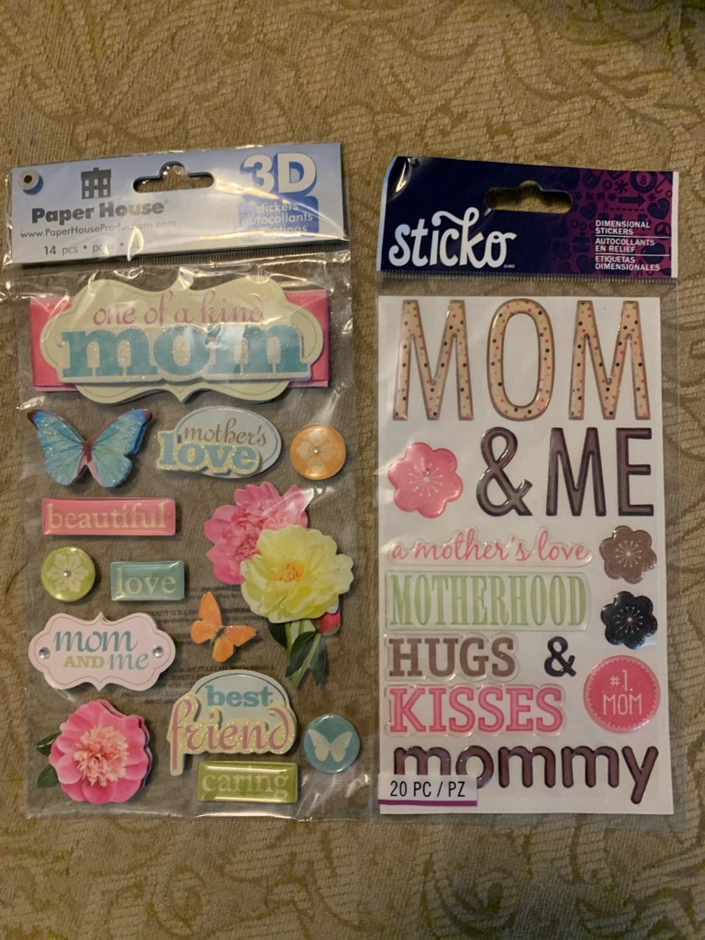 Mother's Day 3D Sticker Packs - Pink, Yellow, Blue Floral & Text